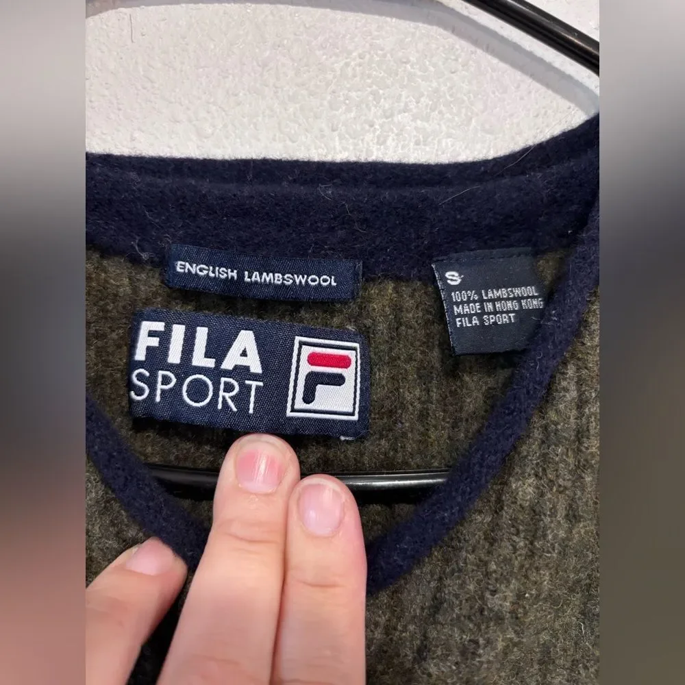 Vintage FILA SPORT Lambswool Pullover Sweat Olive Green, 100 wool,